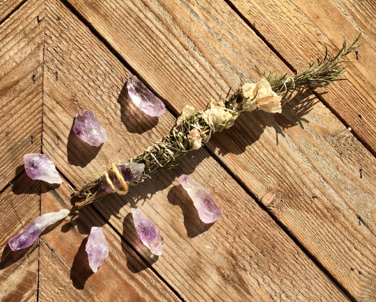 Healing Tool: Rosemary Smudge Wand Bundle with Amethyst Crystal